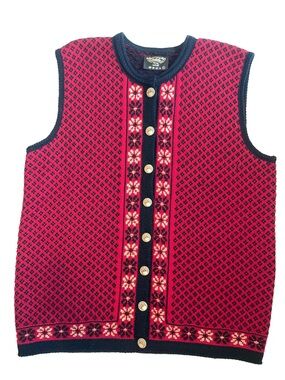 Vintage Vitabella Norway 100% Wool Sweater Vest Red Black Nordic Fair Isle Large